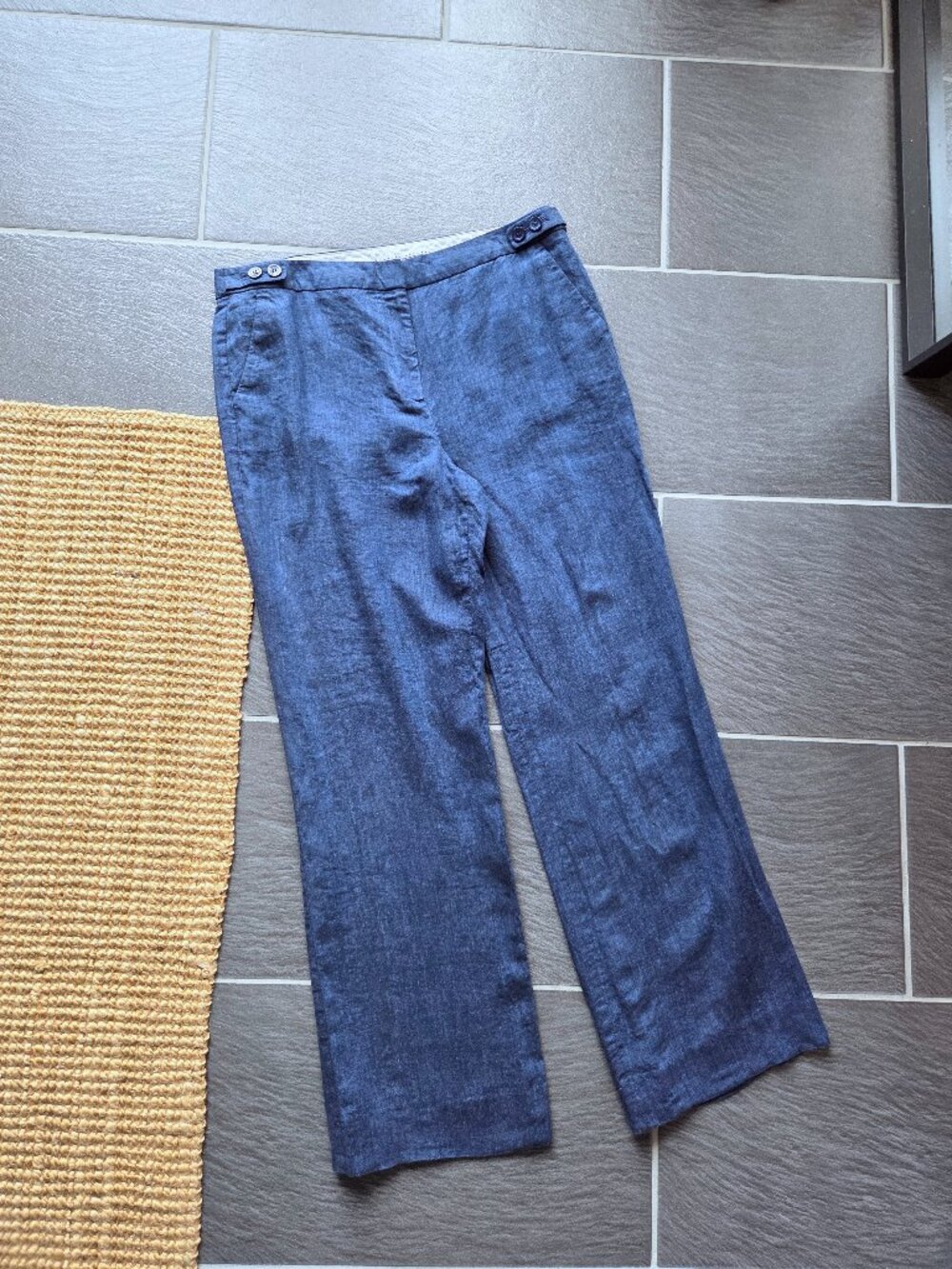 Talbots Windsor Long Navy Blue Linen Wide Leg Trouser Pants Women's 14
